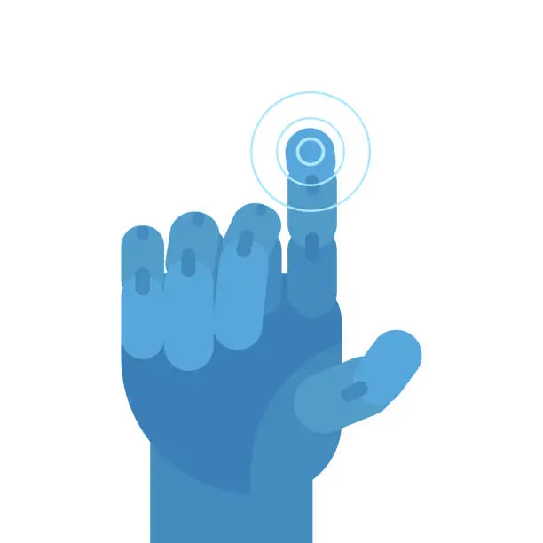 Vector illustration of Robot and mechanical hand. Robotic arm presses the index finger on the button. Cybernetic and artificial intelligence. Push button, control hand, prosthesis. Vector illustration
