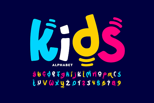 Kids style colorful font design, playful childish alphabet, letters and numbers vector illustration