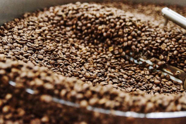 istock Coffee brown roasted beans. The roasting process in the roaster 1225069540