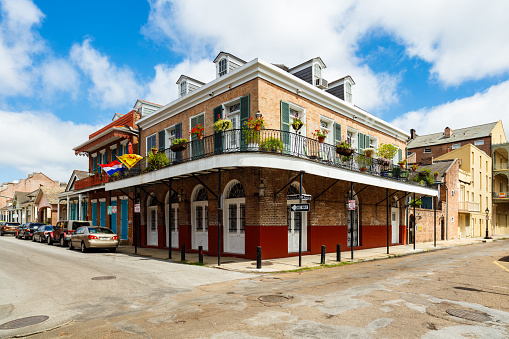 New Orleans, Louisiana USA - April 22, 2016: Typical street corner with French and Spanish style architecture in the historic French Quarter district.