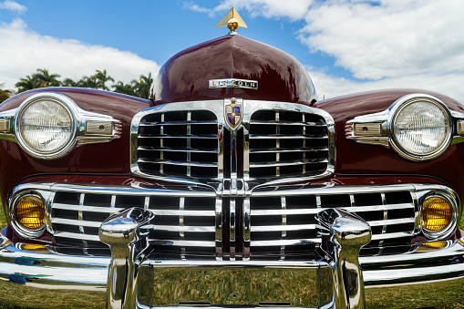 Miami, Florida USA - February 28, 2016: Close up view of the front of a beautifully restored 1946 American Lincoln Continental at a public car show.