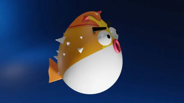 3d pufferfish devil cartoon character design in blue ocean looks shocked and surprised. Side view shooting.