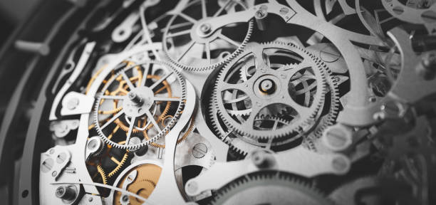 Gears and cogs in clockwork watch mechanism. Craft and precision Gears and cogs in clockwork watch mechanism. Craft and precision - elegant detailed stainless steel and metal. 3D illustration swiss watches stock pictures, royalty-free photos & images