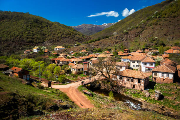 Topli Do / Serbia - april 26 2020: Old rustic idyllic houses in a village Topli do on Old Mountain (stara planina) in Serbia