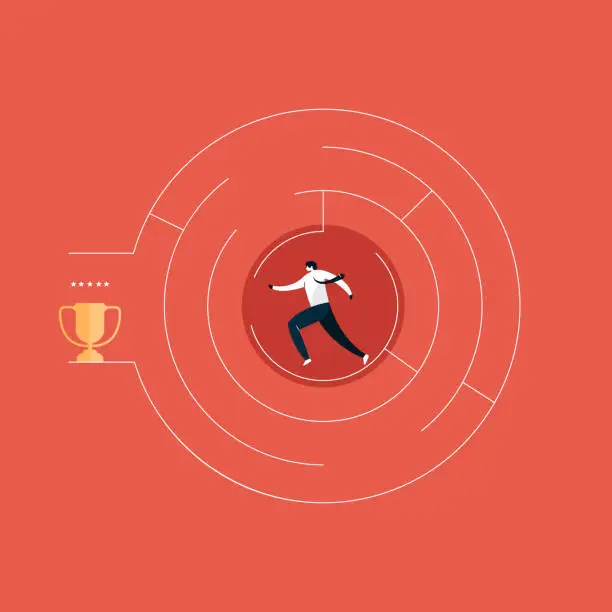 Vector illustration of businessman finding a way for success, Businessman trapped in a maze, problem solution concept illustration