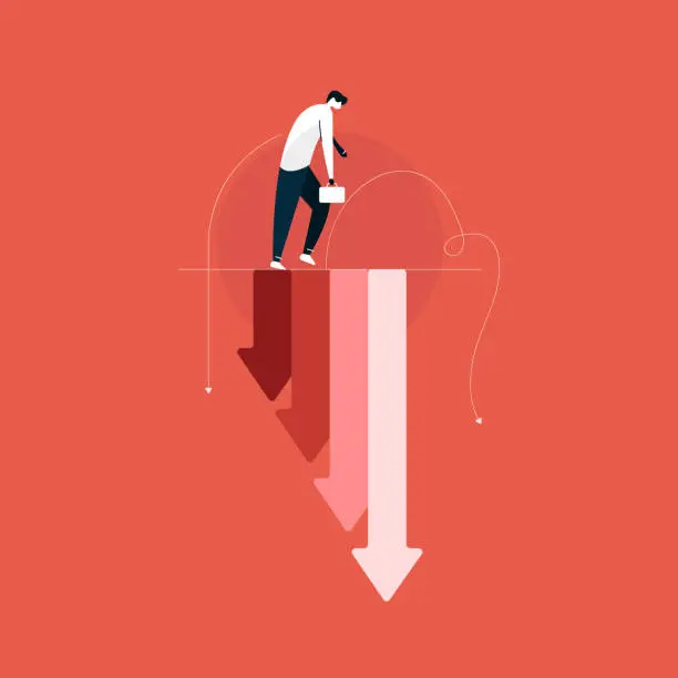 Vector illustration of sad businessman with Falling graph, business loss, Economic Crisis, Stock market crash