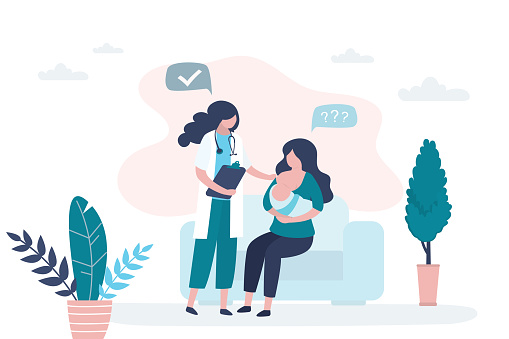 Woman holding and breastfeeding infant baby. Consultation with a mammologist or pediatrician. Doctor talking with patient. Healthcare and childhood concept background. Trendy style vector illustration