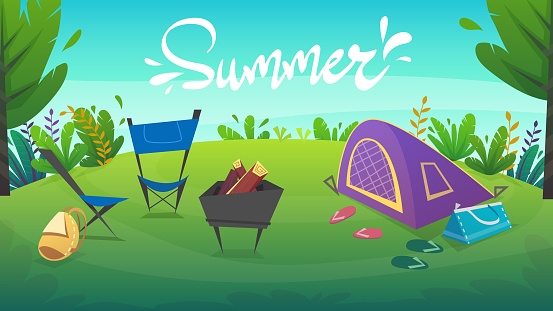 picnic in a park or forest in a clearing with green grass , happy holiday vacations family lifestyle. Tent and grill barbeque at the meadow field, vector background illustration