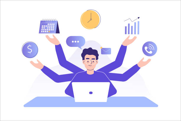 Multitasking and time management concept. Young freelancer man or business manager working at office. Office worker doing professional multitasking. Multitasking skill. Isolated vector illustration vector art illustration