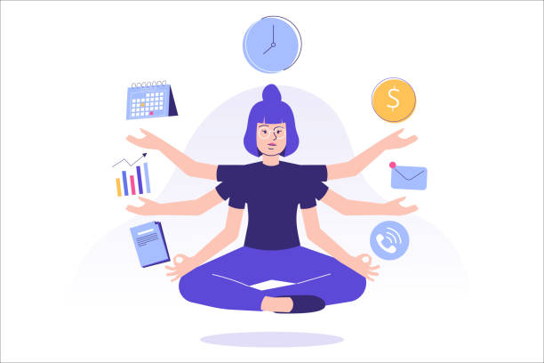 ilustraciones, imágenes clip art, dibujos animados e iconos de stock de concepto de multitarea y gestión del tiempo. joven mujer freelance rinórico o gerente de negocios haciendo meditación o practicando mindfulness, haciendo multitarea efectiva con muchas manos. ilustración vectorial plana - shiva