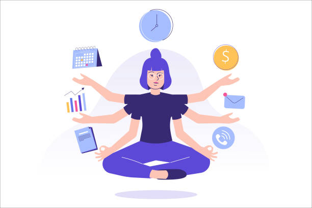 Multitasking and time management concept. Young freelancer woman or business manager doing meditation or practicing mindfulness, doing effective multitasking with many hands. Flat vector illustration vector art illustration