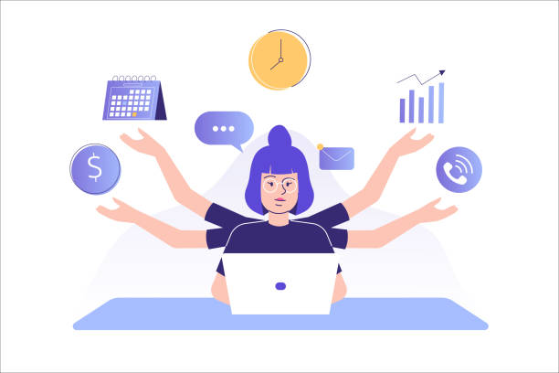 Multitasking and time management concept. Young freelancer woman or business manager working at office. Office worker doing professional multitasking. Multitasking skill. Isolated vector illustration Multitasking and time management concept. Young freelancer woman or business manager working at office. Office worker doing professional multitasking. Multitasking skill. Isolated vector illustration entrepreneur drawings stock illustrations