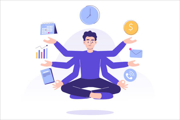 Multitasking and time management concept. Young freelancer man or business manager doing meditation or practicing mindfulness, doing effective multitasking with many hands. Flat vector illustration vector art illustration