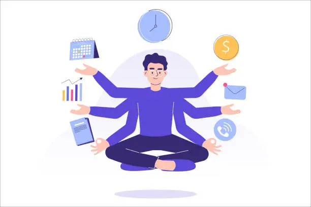 Vector illustration of Multitasking and time management concept. Young freelancer man or business manager doing meditation or practicing mindfulness, doing effective multitasking with many hands. Flat vector illustration