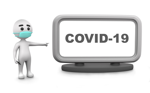 Cartoon 3D stickman figure is showing a Covid-19 text on a digital display against white background. 3D render ready to crop all sizes.
