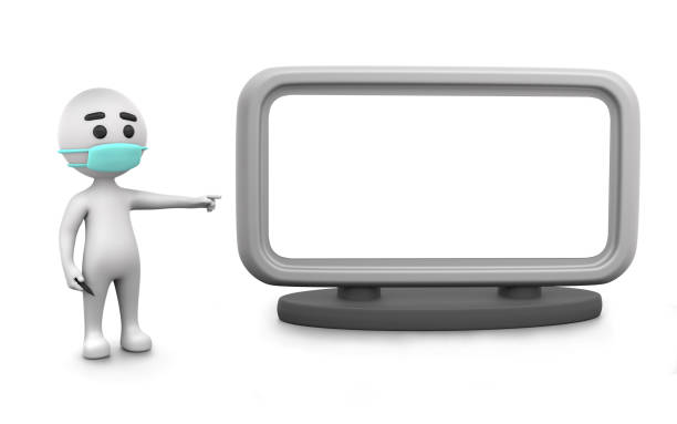 Cartoon 3D stickman figure is warning for Coronavirus Covid-19 on an empty digital display against white background. 3D render ready to crop all sizes.