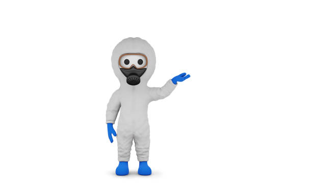 istock Cartoon 3D Stick Figure in Hazmat Suit Showing Something with Empty Hand on White 1225083912