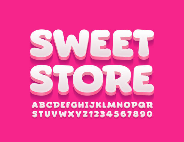 ilustraciones, imágenes clip art, dibujos animados e iconos de stock de logotipo brillante vectorial sweet store. letras y números creativos del alfabeto 3d - candy
