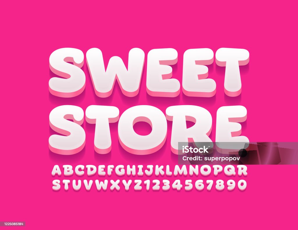 Vektör parlak logosu Sweet Store. Yaratıcı 3B Alfabe Harfleri ve Sayıları - Royalty-free Daktilo Yazısı Vector Art