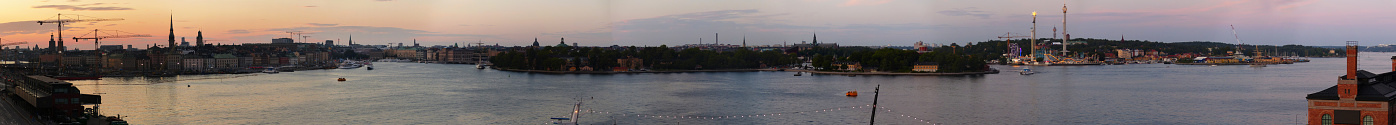 Panoramic sunset view over the old town of Stockholm from the Fjällgatan view point