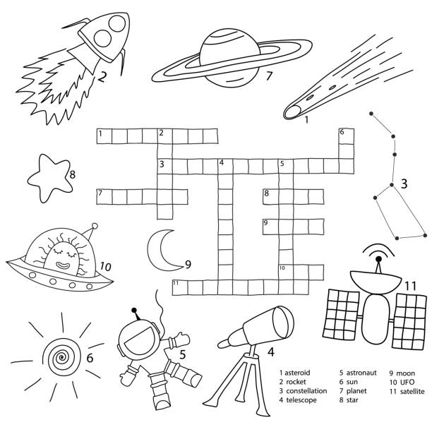 Crosswords puzzle game for preschool kids. Activity worksheet printable version. Vector hand drawn illustration. Kids black and white activity sheet space doodle set Crosswords puzzle game for preschool kids. Activity worksheet printable version. Vector hand drawn illustration. Kids black and white activity sheet space doodle set crossword puzzle drawing stock illustrations