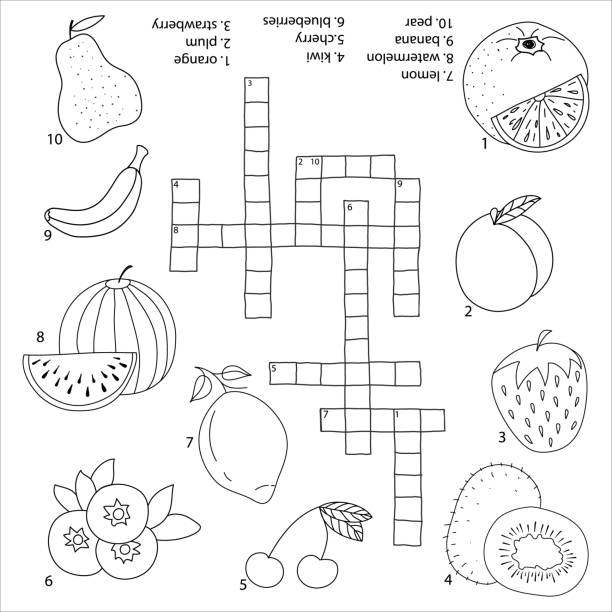 Crosswords puzzle game for preschool kids. Activity worksheet black and white printable version. Vector hand drawn illustration. Kids activity sheet fruit set Crosswords puzzle game for preschool kids. Activity worksheet black and white printable version. Vector hand drawn illustration. Kids activity sheet fruit set crossword puzzle drawing stock illustrations