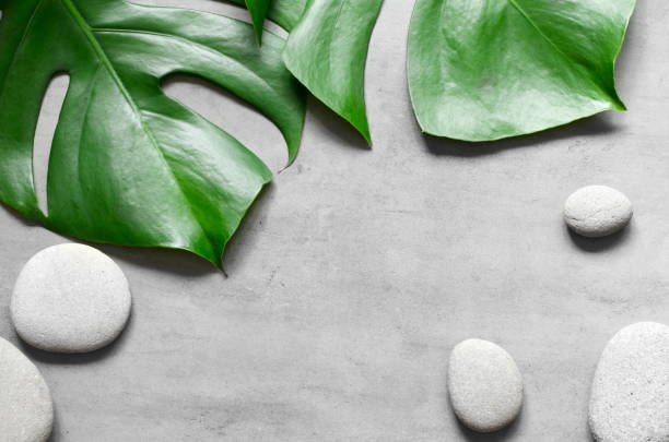 istock Flat lay composition with spa stones, palm leaves on grey background. 1225085910