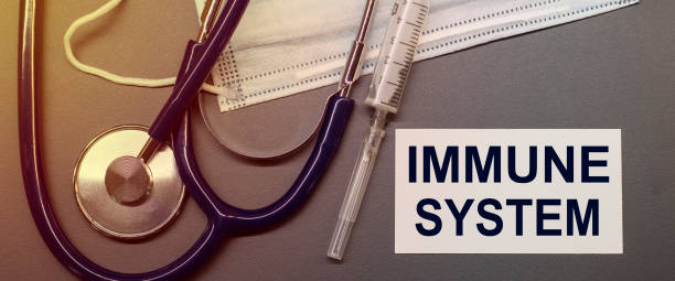 istock Phonendoscope, Mask, syringe, gloves with a card written on Immune system 1225089004