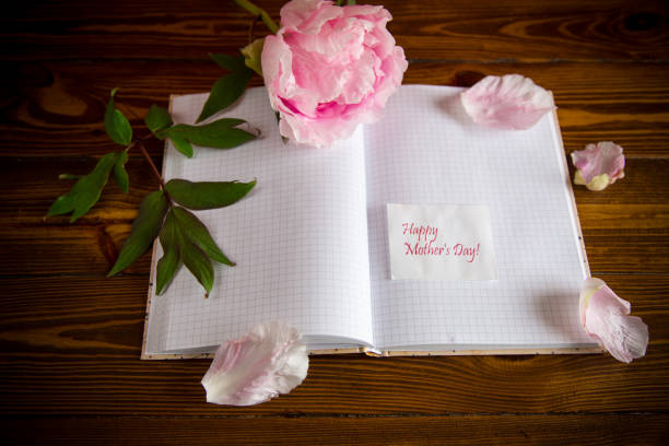 istock pink beautiful peony with petals, blank notebook and greeting card 1225089276