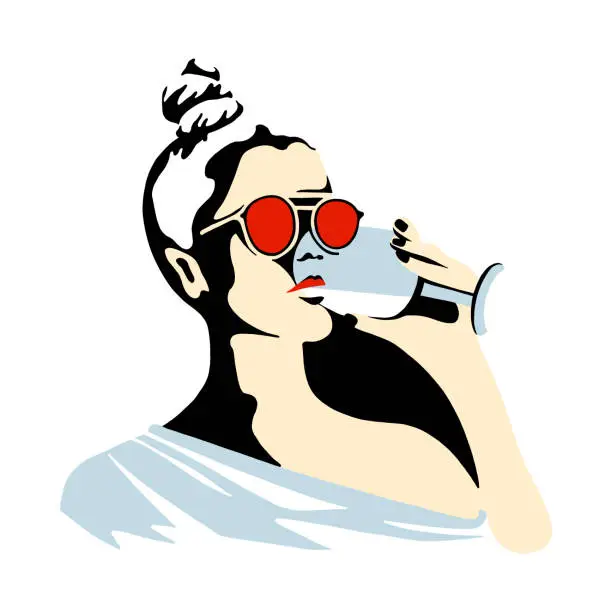 Vector illustration of Vector graphic illustration of girl, drinking wine. Beautiful silhouette simple close up face with sunglasses, wineglass. minimalistic style, vintage, street art, Vector design, hand drawn sketch