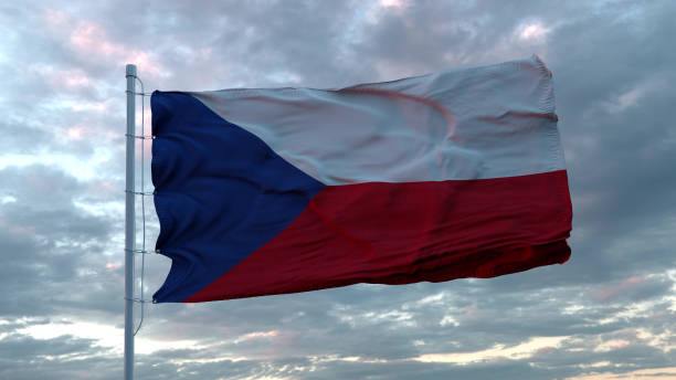 bandera de la república checa agitando el viento sobre el fondo del cielo. ilustración 3d - czech republic czech flag flag national flag fotografías e imágenes de stock