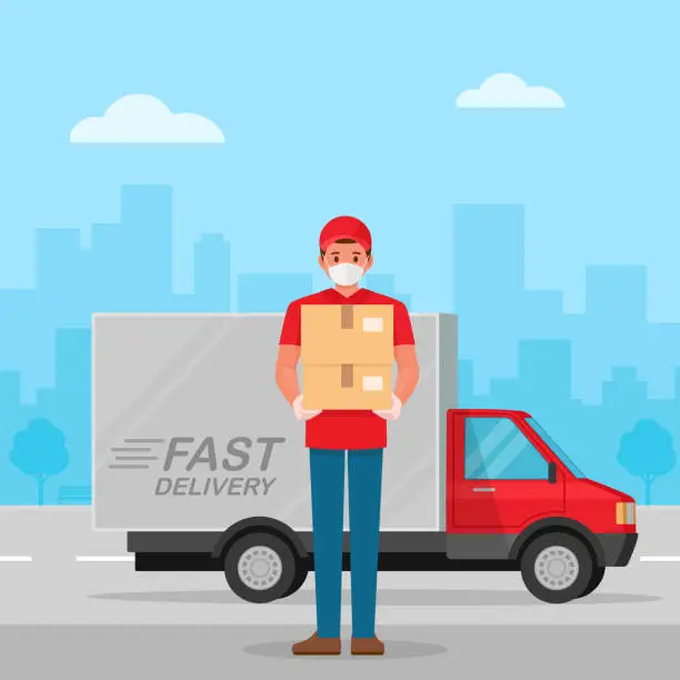 Vector illustration of Delivery man with protective medical mask and delivery truck, during coronavirus covid-19 epidemic