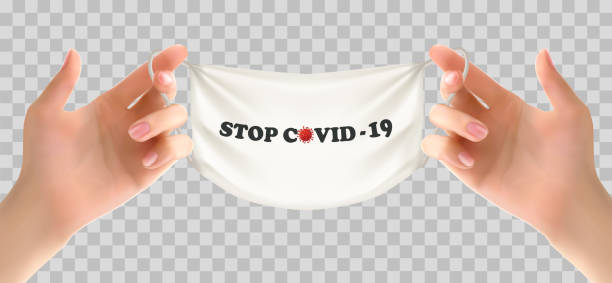 istock Two hands holding a medical mask. Stop Coranavirus concept background. Vector illustration 1225094102