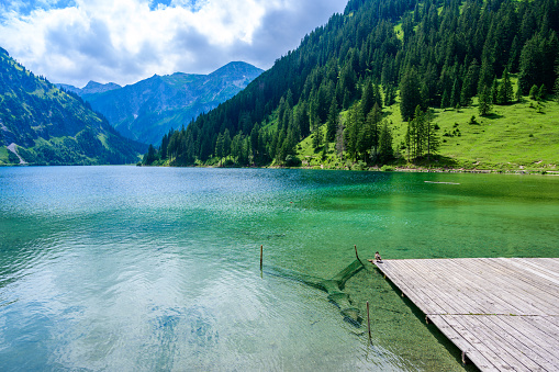 Vilsalpsee (Vilsalp Lake) at Tannheimer Tal, beautiful mountain scenery in Alps of Austria