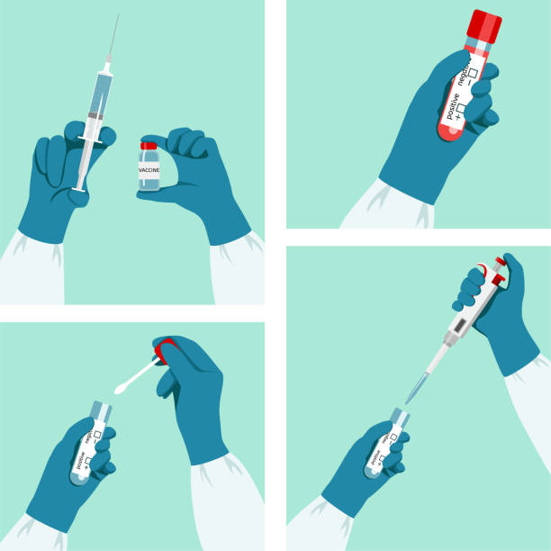 virology set. Pandemic Testing saliva for the presence of coronavirus. Blood testing for antibodies. Laboratory analysis of biomaterial. Test tube with a sample of saliva and blood. A vaccine and a syringe in the hands of dropper stock illustrations