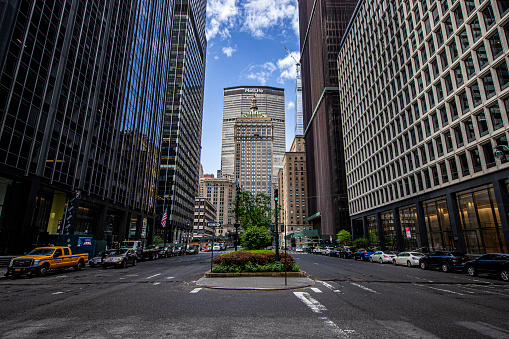 New York, New York - USA – May 15, 2020: An empty Park Avenue due to health concerns to stop the spread of COVID-19, Friday, May 15, 2020.