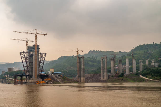 istock Suspension pylons under construction along Yangtze River, China. 1225103439