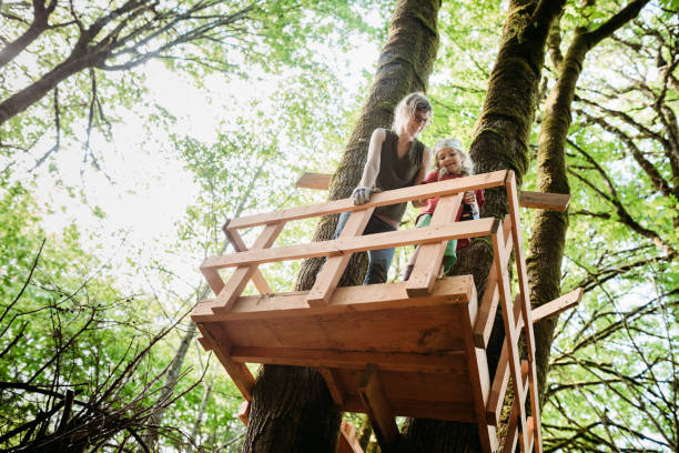 A woman and her child work together on the railings of a tree house in a large maple in their wooded back yard.  A fun way to stay busy and follow social distancing.