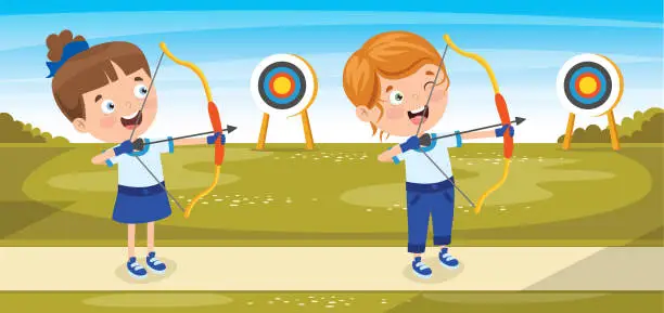 Vector illustration of Happy Character Playing Archery Game