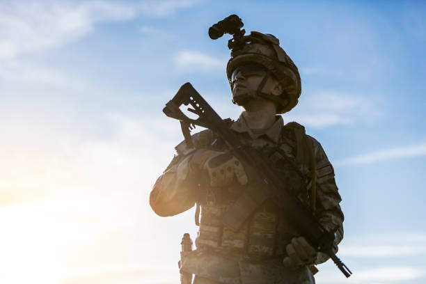 istock Silhouette of Soldier at sunset 1225110636