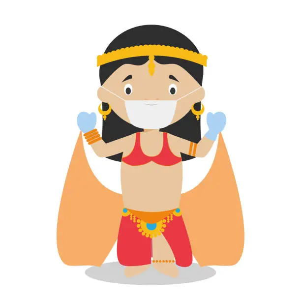 Vector illustration of Belly dancer girl dressed in the traditional way and with surgical mask and latex gloves as protection against a health emergency