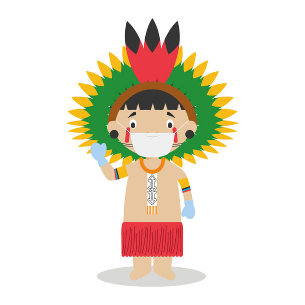 ilustrações, clipart, desenhos animados e ícones de personagem da região amazônica no brasil e venezuela vestido da maneira tradicional e com máscara cirúrgica e luvas de látex como proteção contra uma emergência de saúde - amazon com illustrations