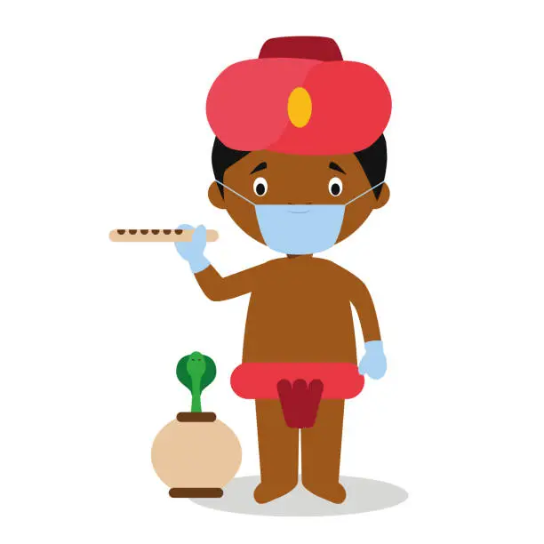 Vector illustration of Character from India dressed in the traditional way as a snake charmer and with surgical mask and latex gloves as protection against a health emergency