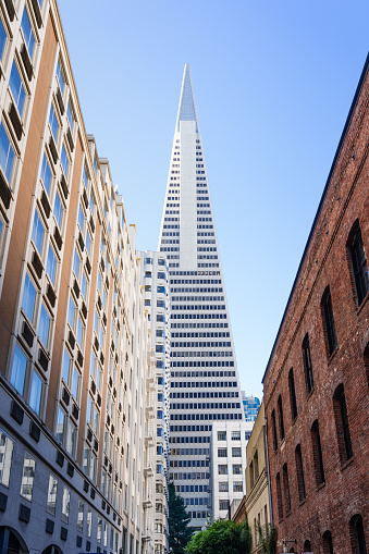 Nov 17, 2019 San Francisco / CA / USA - Transamerica Pyramid rising at the end of a narrow street with old fashioned office buildings in the Financial District