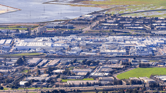 Jan 14, 2017 Fremont / CA / USA - Aerial view of Tesla Factory situated in Silicon Valley, East San Francisco bay area, California