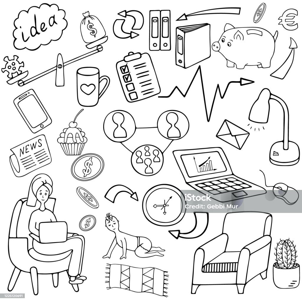 Home Office Work Online Set Of Vector Illustrations Contour On An Isolated White  Background Doodle Style Sketch Coloring Book For Children Business Elements  Lettering Stay At Home Distance Stock Illustration - Download