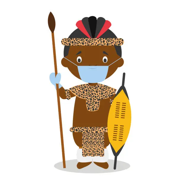 Vector illustration of Character from South Africa. Zulu boy dressed in the traditional way of the Zulu tribe and with surgical mask and latex gloves as protection against a health emergency