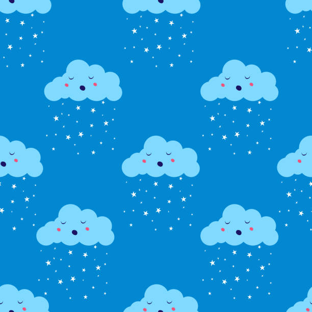 ilustraciones, imágenes clip art, dibujos animados e iconos de stock de cloud star lluvia o nieve vector de patrón sin costuras - seamless pattern meteorology snowflake