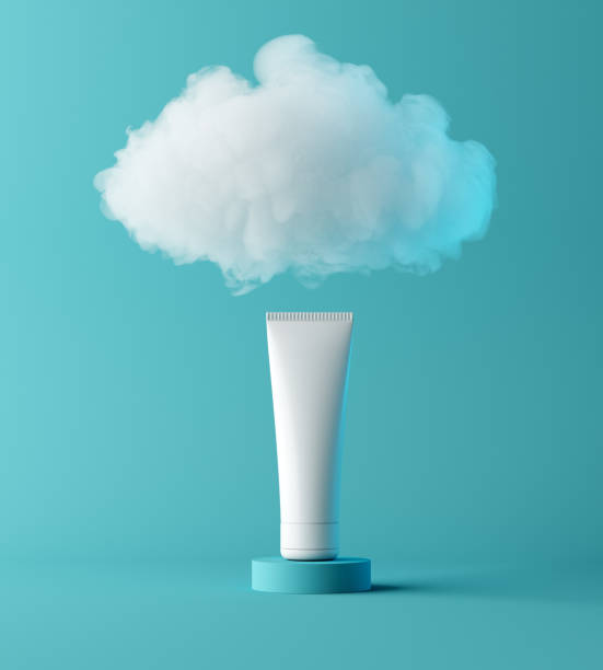 Natural moisturizer cosmetic presentation with cloud, mock up scene podium for product display. hydrating concept. 3D rendering stock photo