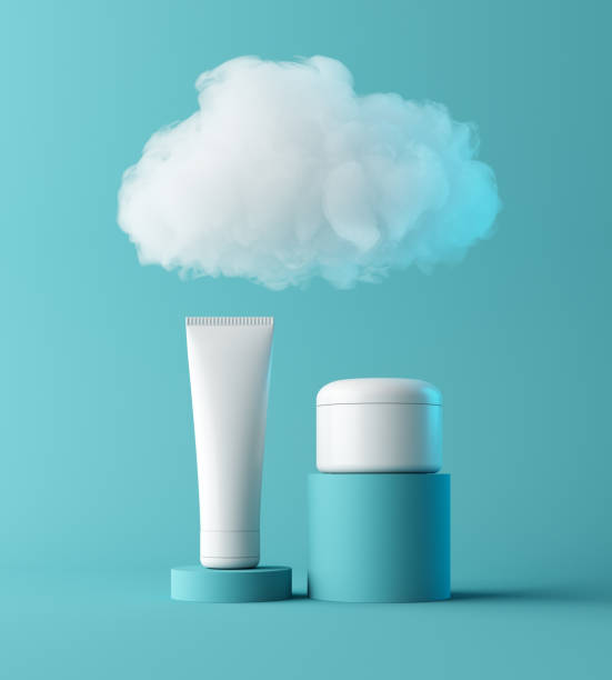 istock Natural moisturizer cosmetic presentation with cloud, mock up scene podium for product display. hydrating concept. 3D rendering 1225123106